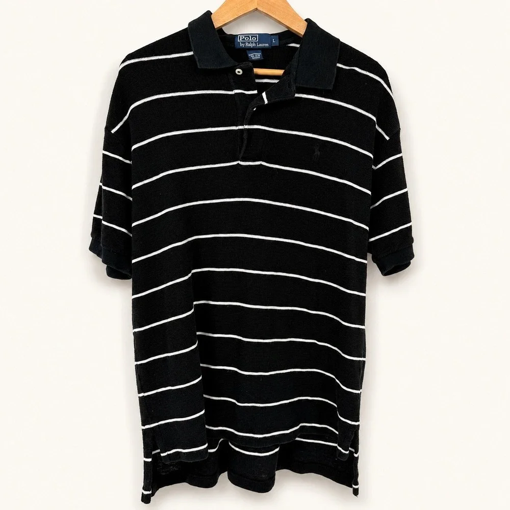 Polo Ralph Lauren Men Large Polo Shirt Striped Tight Waffle Knit Golf Preppy 90s